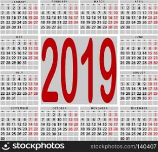 Square calendar for 2019 year. Output is highlighted in red