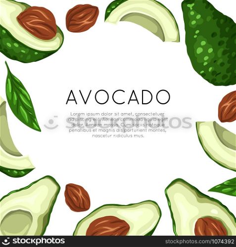 Square card with avocado and place for text. Healthy keto diet. Vegetarian banner. Vector template for greeting cards, menu, recipes and your design.. Square card with avocado and place for text. Healthy keto diet. Vegetarian banner. Vector template