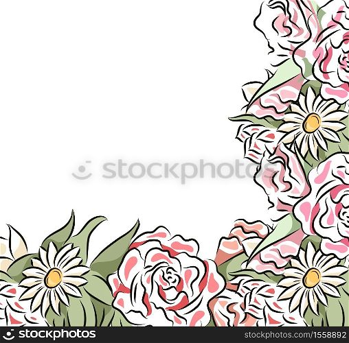 Square card with delicate drawn flowers. Frame of flowers. Vector template for cards, invitations and your design.. Square card with delicate drawn flowers. Frame of flowers.
