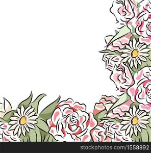 Square card with delicate drawn flowers. Frame of flowers. Vector template for cards, invitations and your design.. Square card with delicate drawn flowers. Frame of flowers.