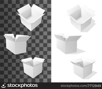 Square cardboard boxes, realistic vector packaging. White packages mockup made of blank paper carton, 3d delivery packs, shipping containers, mail parcels and storage cases from side, front, top views. Square cardboard boxes, realistic vector packaging
