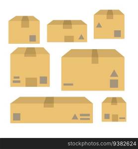 Square carton. Cartoon flat illustration. Warehouse and mail item. Delivery of cargo. Packed goods. Pile of brown objects. Set of parcels in cardboard boxes.