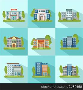 Square city buildings icon set with shadows isolated and flat different types of buildings vector illustration. City Buildings Icon Set