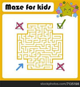 Square color maze. Kids worksheets. Activity page. Game puzzle. Find the right path from the blue arrow to the green check mark. Cute cartoon star. Vector illustration. With place for your image. Square color maze. Kids worksheets. Activity page. Game puzzle. Find the right path from the blue arrow to the green check mark. Cute cartoon star. Vector illustration. With place for your image.