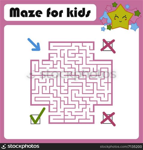 Square color maze. Kids worksheets. Activity page. Game puzzle. Find the right path from the blue arrow to the green check mark. Cute cartoon star. Vector illustration. With place for your image. Square color maze. Kids worksheets. Activity page. Game puzzle. Find the right path from the blue arrow to the green check mark. Cute cartoon star. Vector illustration. With place for your image.