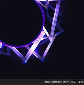 Square cover with round frame with abstract neon triangles and glister on dark background and place for text. Vector template for cards, posters, banners and your design.. Square cover with round frame with abstract neon triangles and glister on dark background and place for text. Vector template