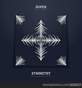 Square creative card with tribal stylized print. Abstract symmetry composition from different wavy lines. Black paper sheet. Vector template. Creative card with tribal design
