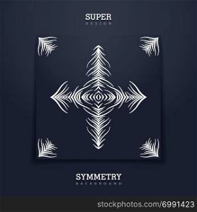 Square creative card with tribal stylized print. Abstract symmetry composition from different wavy lines. Black paper sheet. Vector template. Creative card with tribal design