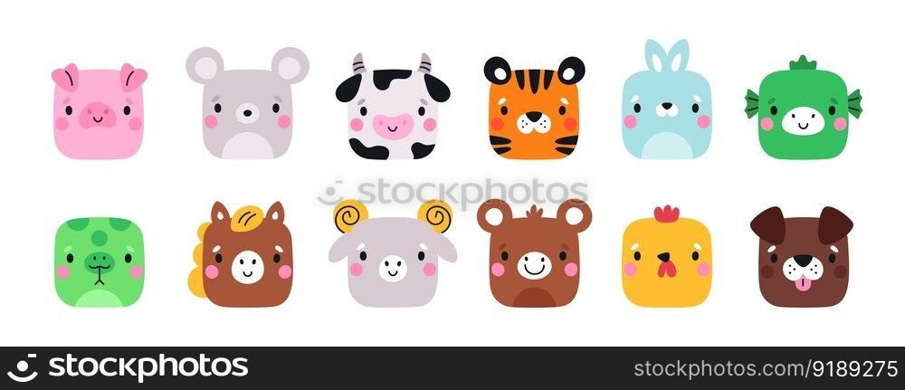 Square cute animals. Farm fauna cartoon characters. Funny muzzles. Chinese horoscope creatures. Mobile applications icons shape. Happy tiger and horse. Color symbols. Garish vector mammals heads set. Square cute animals. Farm fauna cartoon characters. Funny muzzles. Chinese horoscope creatures. Mobile applications icons shape. Happy tiger and horse. Garish vector mammals heads set
