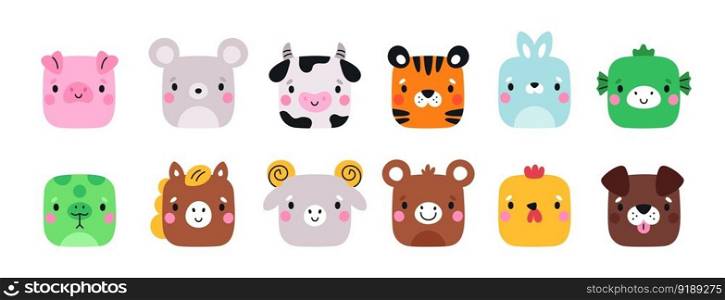Square cute animals. Farm fauna cartoon characters. Funny muzzles. Chinese horoscope creatures. Mobile applications icons shape. Happy tiger and horse. Color symbols. Garish vector mammals heads set. Square cute animals. Farm fauna cartoon characters. Funny muzzles. Chinese horoscope creatures. Mobile applications icons shape. Happy tiger and horse. Garish vector mammals heads set