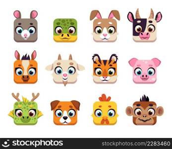 Square cute chinese animals. Cute horoscope muzzles, cartoon UI icons, wildlife and domestic characters avatars, app signs, funny fauna faces, Kawaii rat, turtle and hare vector cartoon isolated set. Square cute chinese animals. Cute horoscope muzzles, cartoon UI icons, wildlife and domestic characters avatars, app signs, funny fauna faces, Kawaii rat, turtle and hare vector set