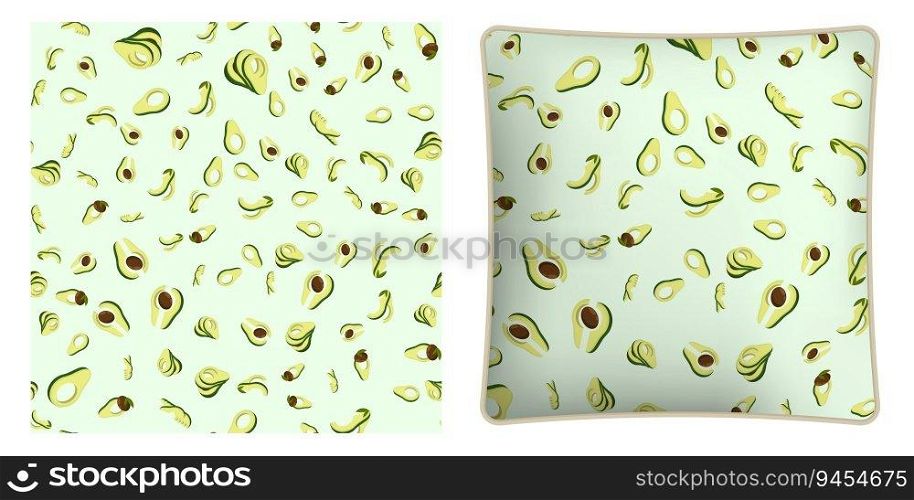 Square decorative pillow, bedroom accessory decorated Avocado cutting fruit seamless pattern. Avocado wedges and slices. Vector ornament for design of posters and printing on textile