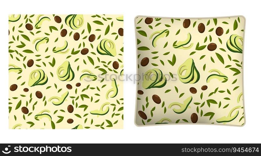 Square decorative pillow, bedroom accessory decorated Avocado fruit seamless pattern with leaves and seeds. Avocado wedges and slices. Vector ornament for design of posters and printing on textile