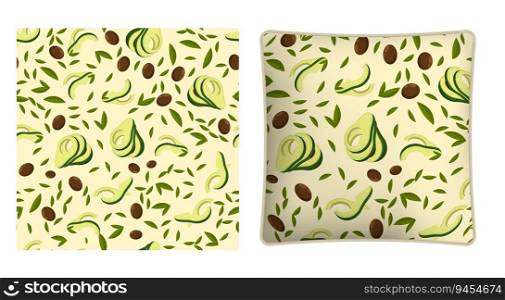 Square decorative pillow, bedroom accessory decorated Avocado fruit seamless pattern with leaves and seeds. Avocado wedges and slices. Vector ornament for design of posters and printing on textile