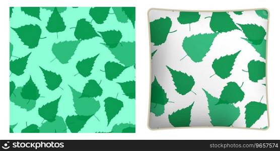 Square decorative pillow, bedroom accessory decorated birch leaves silhouettes seamless pattern. Autumn fallen leaves of birch tree. Vector ornament for design of posters and printing on textil. Square decorative pillow, bedroom accessory decorated birch leaves silhouettes seamless pattern. Autumn fallen leaves of birch tree. Vector ornament for design of posters and printing on textile