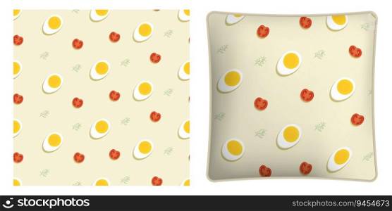 Square decorative pillow, bedroom accessory decorated boiled egg, tomato and dill pattern. Healthy breakfast. Vector ornament for design of posters and printing on textile