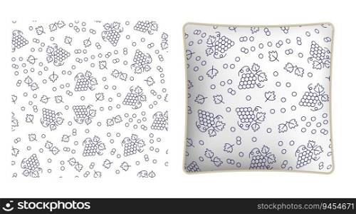 Square decorative pillow, bedroom accessory decorated juicy bunch of grapes with leaves and tendrils. Vector ornament for design of posters and printing on textile