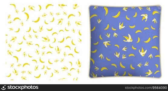 Square decorative pillow, bedroom accessory decorated Ripe peeled yellow banana with bitten off part of fruit seamless pattern. Vector ornament for design of posters and printing on textile