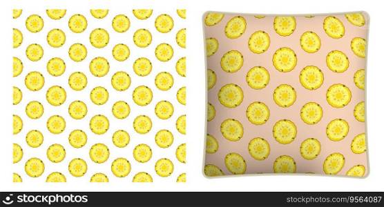 Square decorative pillow, bedroom accessory decorated seamless pattern with pineapple circle. Harvesting tropical fruits. Vector ornament for design of posters and printing on textile