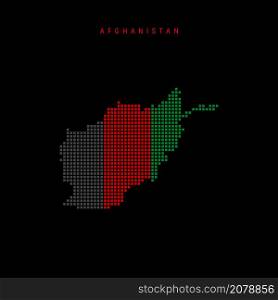 Square dots pattern map of Afghanistan. Afghan dotted pixel map with national flag colors isolated on black background. Vector illustration.. Square dots pattern map of Afghanistan. Afghan dotted pixel map with flag colors. Vector illustration