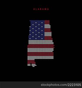Square dots pattern map of Alabama. Dotted pixel map with american national flag colors isolated on black background. Vector illustration.. Square dots pattern map of Alabama. Dotted pixel map with US flag colors. Vector illustration