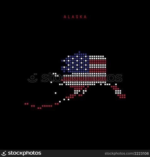 Square dots pattern map of Alaska. Dotted pixel map with american national flag colors isolated on black background. Vector illustration.. Square dots pattern map of Alaska. Dotted pixel map with US flag colors. Vector illustration