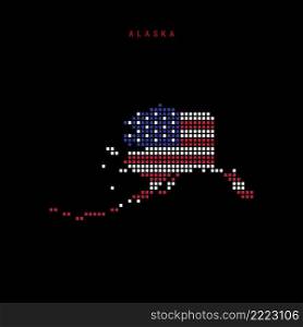 Square dots pattern map of Alaska. Dotted pixel map with american national flag colors isolated on black background. Vector illustration.. Square dots pattern map of Alaska. Dotted pixel map with US flag colors. Vector illustration