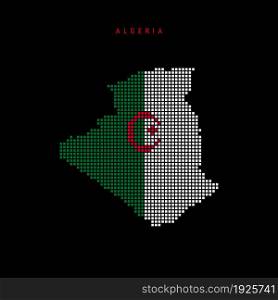 Square dots pattern map of Algeria. Dotted pixel map with national flag colors isolated on black background. Vector illustration.. Square dots pattern map of Algeria. Dotted pixel map with flag colors. Vector illustration