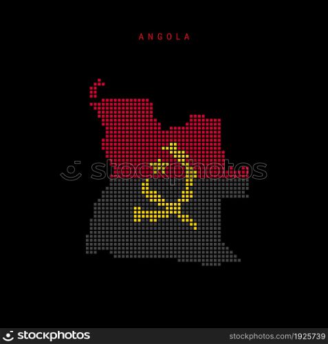 Square dots pattern map of Angola. Dotted pixel map with national flag colors isolated on black background. Vector illustration.. Square dots pattern map of Angola. Dotted pixel map with flag colors. Vector illustration