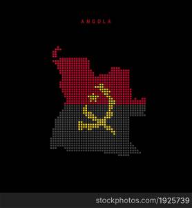 Square dots pattern map of Angola. Dotted pixel map with national flag colors isolated on black background. Vector illustration.. Square dots pattern map of Angola. Dotted pixel map with flag colors. Vector illustration
