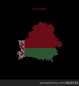 Square dots pattern map of Belarus. Dotted pixel map with national flag colors isolated on black background. Vector illustration.. Square dots pattern map of Belarus. Dotted pixel map with flag colors. Vector illustration