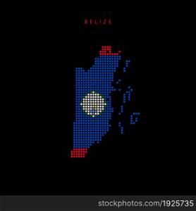 Square dots pattern map of Belize. Dotted pixel map with national flag colors isolated on black background. Vector illustration.. Square dots pattern map of Belize. Dotted pixel map with flag colors. Vector illustration