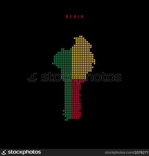 Square dots pattern map of Benin. Dahomey dotted pixel map with national flag colors isolated on black background. Vector illustration.. Square dots pattern map of Benin. Dahomey dotted pixel map with flag colors. Vector illustration