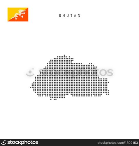 Square dots pattern map of Bhutan. Bhutanese dotted pixel map with national flag isolated on white background. Vector illustration.. Square dots pattern map of Bhutan. Bhutanese dotted pixel map with flag. Vector illustration