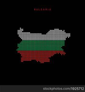 Square dots pattern map of Bulgaria. Dotted pixel map with national flag colors isolated on black background. Vector illustration.. Square dots pattern map of Bulgaria. Dotted pixel map with flag colors. Vector illustration