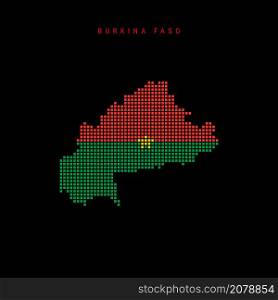 Square dots pattern map of Burkina Faso. Upper Volta dotted pixel map with national flag colors isolated on black background. Vector illustration.. Square dots pattern map of Burkina Faso. Upper Volta dotted pixel map with flag colors. Vector illustration