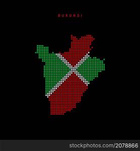 Square dots pattern map of Burundi. Burundian dotted pixel map with national flag colors isolated on black background. Vector illustration.. Square dots pattern map of Burundi. Burundian dotted pixel map with flag colors. Vector illustration