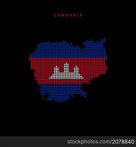 Square dots pattern map of Cambodia. Cambodian dotted pixel map with national flag colors isolated on black background. Vector illustration.. Square dots pattern map of Cambodia. Cambodian dotted pixel map with flag colors. Vector illustration
