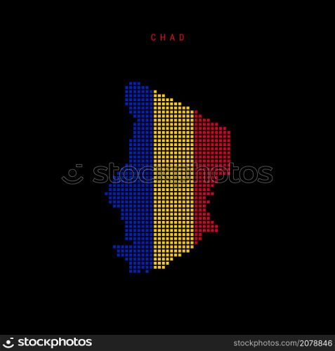 Square dots pattern map of Chad. Chadian dotted pixel map with national flag colors isolated on black background. Vector illustration.. Square dots pattern map of Chad. Chadian dotted pixel map with flag colors. Vector illustration