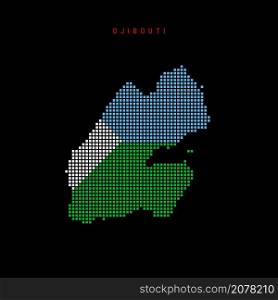 Square dots pattern map of Djibouti. Djiboutian dotted pixel map with national flag colors isolated on black background. Vector illustration.. Square dots pattern map of Djibouti. Djiboutian dotted pixel map with flag colors. Vector illustration