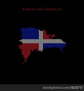 Square dots pattern map of Dominican Republic. Dotted pixel map with national flag colors isolated on black background. Vector illustration.. Square dots pattern map of Dominican Republic. Dotted pixel map with flag colors. Vector illustration