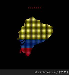 Square dots pattern map of Ecuador. Dotted pixel map with national flag colors isolated on black background. Vector illustration.. Square dots pattern map of Ecuador. Dotted pixel map with flag colors. Vector illustration