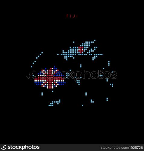 Square dots pattern map of Fiji. Dotted pixel map with national flag colors isolated on black background. Vector illustration.. Square dots pattern map of Fiji. Dotted pixel map with flag colors. Vector illustration