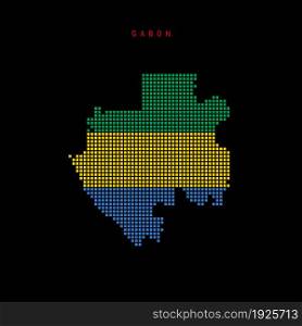 Square dots pattern map of Gabon. Dotted pixel map with national flag colors isolated on black background. Vector illustration.. Square dots pattern map of Gabon. Dotted pixel map with flag colors. Vector illustration