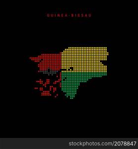 Square dots pattern map of Guinea-Bissau. Guinea-Bissau dotted pixel map with national flag colors isolated on black background. Vector illustration.. Square dots pattern map of Guinea-Bissau. Guinea-Bissau dotted pixel map with flag colors. Vector illustration