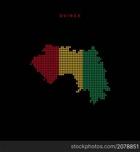 Square dots pattern map of Guinea. Republic of Guinea dotted pixel map with national flag colors isolated on black background. Vector illustration.. Square dots pattern map of Guinea. Republic of Guinea dotted pixel map with flag colors. Vector illustration