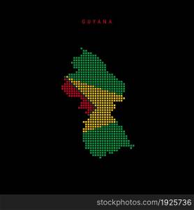 Square dots pattern map of Guyana. Dotted pixel map with national flag colors isolated on black background. Vector illustration.. Square dots pattern map of Guyana. Dotted pixel map with flag colors. Vector illustration