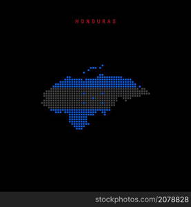 Square dots pattern map of Honduras. Honduran dotted pixel map with national flag colors isolated on black background. Vector illustration.. Square dots pattern map of Honduras. Honduran dotted pixel map with flag colors. Vector illustration