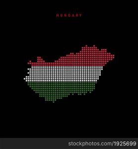 Square dots pattern map of Hungary. Dotted pixel map with national flag colors isolated on black background. Vector illustration.. Square dots pattern map of Hungary. Dotted pixel map with flag colors. Vector illustration