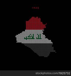 Square dots pattern map of Iraq. Dotted pixel map with national flag colors isolated on black background. Vector illustration.. Square dots pattern map of Iraq. Dotted pixel map with flag colors. Vector illustration